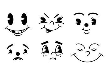 Retro 30s cartoon mascot characters funny faces. 20s, old vintage animation eyes and mouths elements. Retro comics set. Different emotions