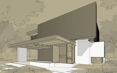 3d rendering of modern cozy house with parking and pool for sale or rent with wood plank facade.  Black line sketch with white spot and hand drawing entourage on craft background