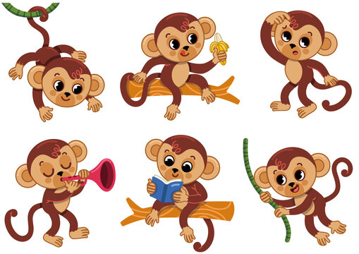 Cartoon monkey character page with different poses. Vector illustration.
