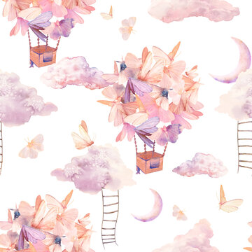 Fototapeta Watercolor seamless pattern with flying butterfly, clouds, moon, air balloons. Baby girl style wallpaper design. Hand drawn fairytale repeating background