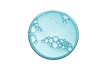 Abstract petri dish with cosmetic or medical liquid isolated on white background top view. Science...