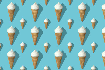Seamless pattern of white ice creams isolated on blue background. Many white ice creams with shadow rendering 3D. The concept of taste of summer.