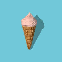 Pink berry ice cream with shadow rendering 3D. Pink ice cream isolated on blue background. Side view. The concept of taste of summer.