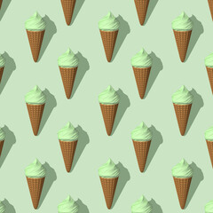 Seamless pattern of green pistachio ice creams isolated on light green background. Many green ice creams with shadow rendering 3D. The concept of taste of summer.