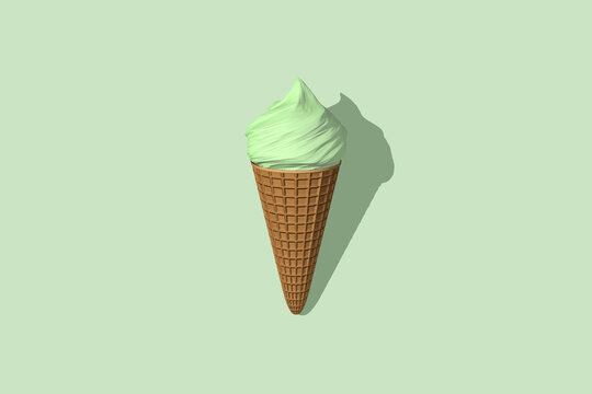 Green pistachio ice cream with shadow rendering 3D. Green ice cream isolated on light green background. Side view. The concept of taste of summer.