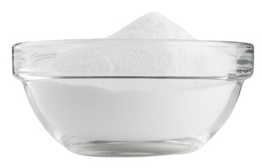 Soda in a glass bowl. Soda, flour, salt or sugar in a glass container, isolated on white background.