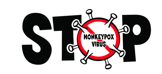 Stop corona virus, covid or monkeypox, monkey pox viral disease pictogram or logo. Virus outbreak pandemic. Cartoon disease spread, symptoms or precautions icon.