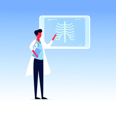 Doctor standing around a x-ray image of chest. Medical examination of human body and treatment. Skeleton of person. Vector illustration in cartoon style