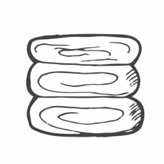 Outline doodle pile of textile towels. Hand drawn kitchen and bathroom equipment vector illustration. Shower and bath supply. Hygiene product