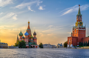 Saint Basil's Cathedral, Spasskaya Tower and Red Square in Moscow, Russia. Architecture and...
