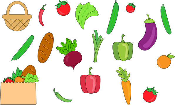 Hand draw fruit and vegetables set, tomatoes, cucumbers, bell peppers, carrots, leeks, chili peppers, bread, orange, lettuce, beetroot, basket