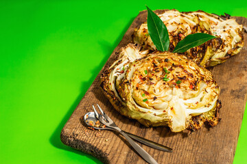 Homemade vegan cabbage steaks with herbs and spices. Healthy food ready to eat on a cutting board