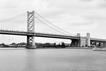 Ben Franklin bridge, Philadelphia. Black and white vintage style photo.