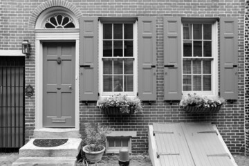 Old Philadelphia - Elfreth's Alley. Black and white vintage style photo.