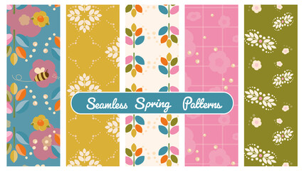 set happy spring floral seamless vector art patterns with leaves flowers and bees