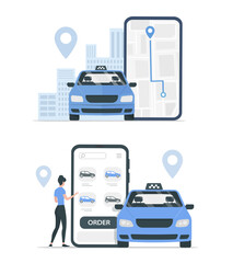 Taxi cab service. Colored vector flat illustration. Isolated on white background.