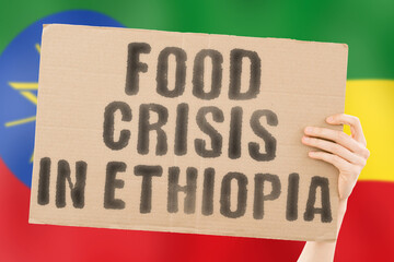 The phrase " Food crisis in Ethiopia " is on a banner in men's hands with a blurred Ethiopian flag in the background. Crisis. Finance. Life. Nutrition. Bread. Disaster. Collapse. Social issue. Problem