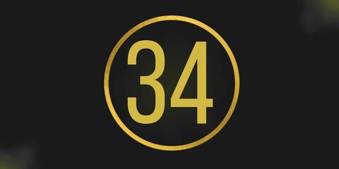 Number 34. Banner with the number thirty four on a black background and gold details with a circle gold in the middle