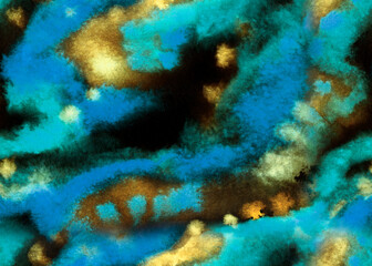 Fototapeta na wymiar Seamless abstract print of watercolor strokes and splashes in turquoise gold tones on a black background, print on fabric, paper and home utensils.