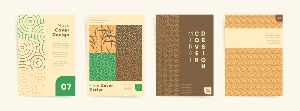 Geometric asian design template set. Japanese nature, wave oriental eclecticism for poster, brochure, book cover, flyer, catalog, notebook, vertical background. Minimal  retro vector mangala.