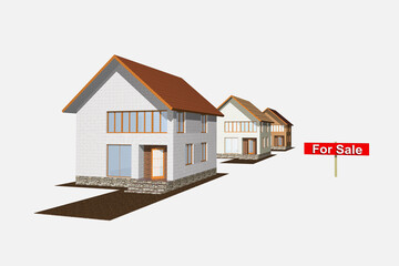 Group of cottages for sale on white background, 3d-rendered.