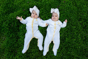 Cute twin babies lying on green grass with flowers