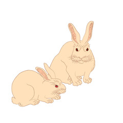 Cute cartoon rabbits vector illustration. Funny furry pink hares, Easter bunnies standing, sitting. Flat cartoon hares ukiyo-e style isolated on white.