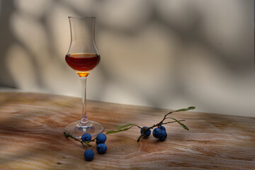 Beautiful glass with delicious sloe liqueur on a wooden board with sloes in the foreground. Copy space for your design. Web banner.  - obrazy, fototapety, plakaty