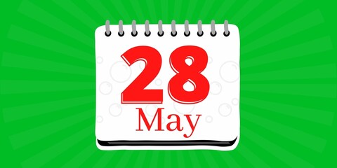 28 may, calendar with the day twenty eight of the month of may in white color and background green