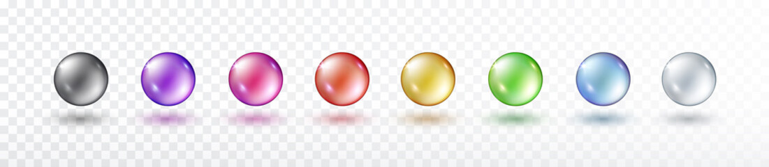 Glass ball set isolated on transparent background. Realistic gold and colorful orbs, oil collagen, 3d gel spheres. Vector round pills or water bubbles with shadows