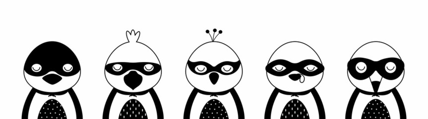Cute super hero character animals. Desing for kids t-shirts, nursery decoration, greeting cards. Cute character in scandinavian style. Black and white set of penguin, raven, peacock, turkey, toucan.