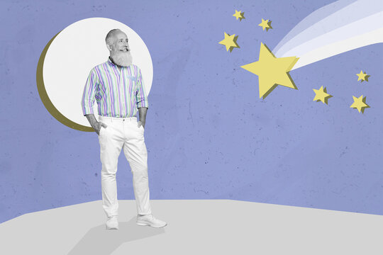 Creative collage picture of aged person standing space watching look falling stars make wish