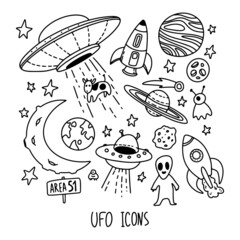 Cute UFO hand drawn icon set. Use for design, print, poster, pattern.