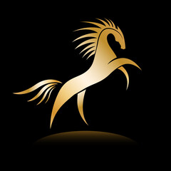 Golden horse logo. Equine silhouette standing on its hind legs. Vector illustration. Works well as a tattoo, icon, emblem, print or mascot