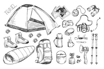 Hiking equipment hand drawing set. travel backpack, knife, axe, mug and camp tent vintage sketch. Tourism, adventure concept. collection of tourism, outdoor activities, camping, vacation, travel