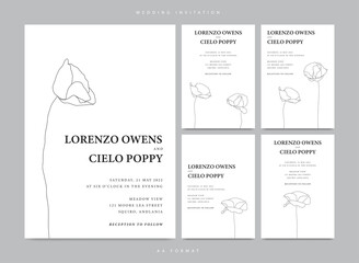 Minimalist wedding invitation template with poppy flower