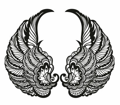 A pair of bird wings. Angel. Vector illustration for tattoo. Element for wood carving