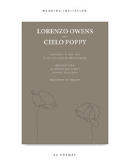Minimalist wedding invitation template with poppy flower