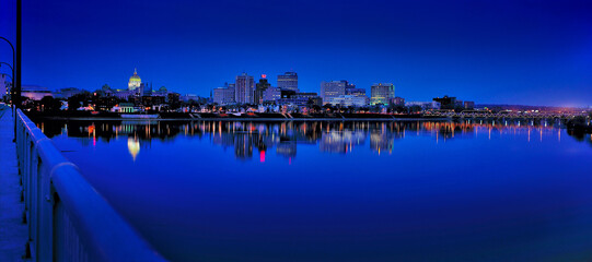 Harrisburg, Pennsylvania on the Susquehanna River at night.