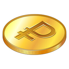 Russian ruble gold coin with RUB currency sign in isometric top view isolated on white background. Introduction of digital currency by Central Bank of Russian Federation.