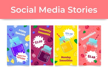 Collection friday specials smoothie immunity drink social media stories template vector illustration