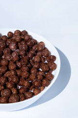 chocolate granules balls in milk in a white plate for breakfast

