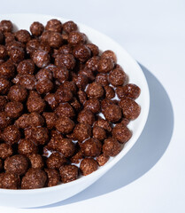 chocolate granules balls in milk in a white plate for breakfast
