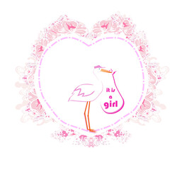 Baby girl Card - A stork delivering a baby girl.