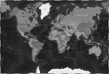 World Map - Black Dark Political - Vector Detailed Illustration