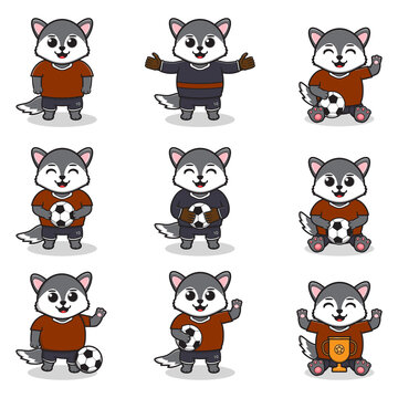 Vector illustration of Wolf characters playing soccer. Cute Wolf mascot playing football. Vector illustration bundle.