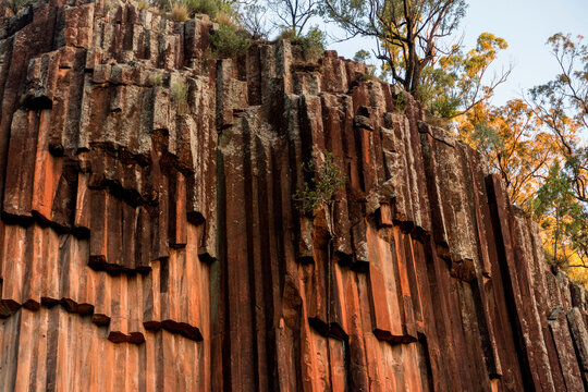 Organ piping columnar basalt rock formation. Sawn Rocks at Mt. Kapatur National Park near Narrabri, NSW, Australia. Rare hexagonal organ piping rock formation - remains of volcanic lava flow