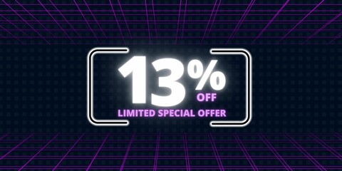 13% off limited special offer. Banner with thirteen percent discount on a  black background with white square and purple
