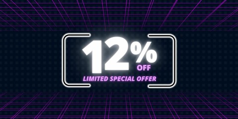 12% off limited special offer. Banner with twelve percent discount on a  black background with white square and purple
