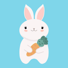 Cute kawaii rabbit bunny. Sweet white rabbit holding carrot. Children animal character. Simple childish hare drawing. Design element for kids goods, textile, etc